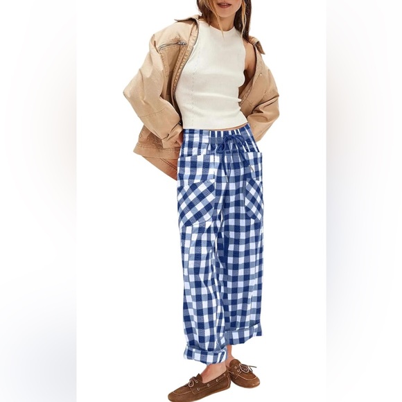 Pants - Acelitt Blue Gingham Drawstring Pants Women Size Small NEW